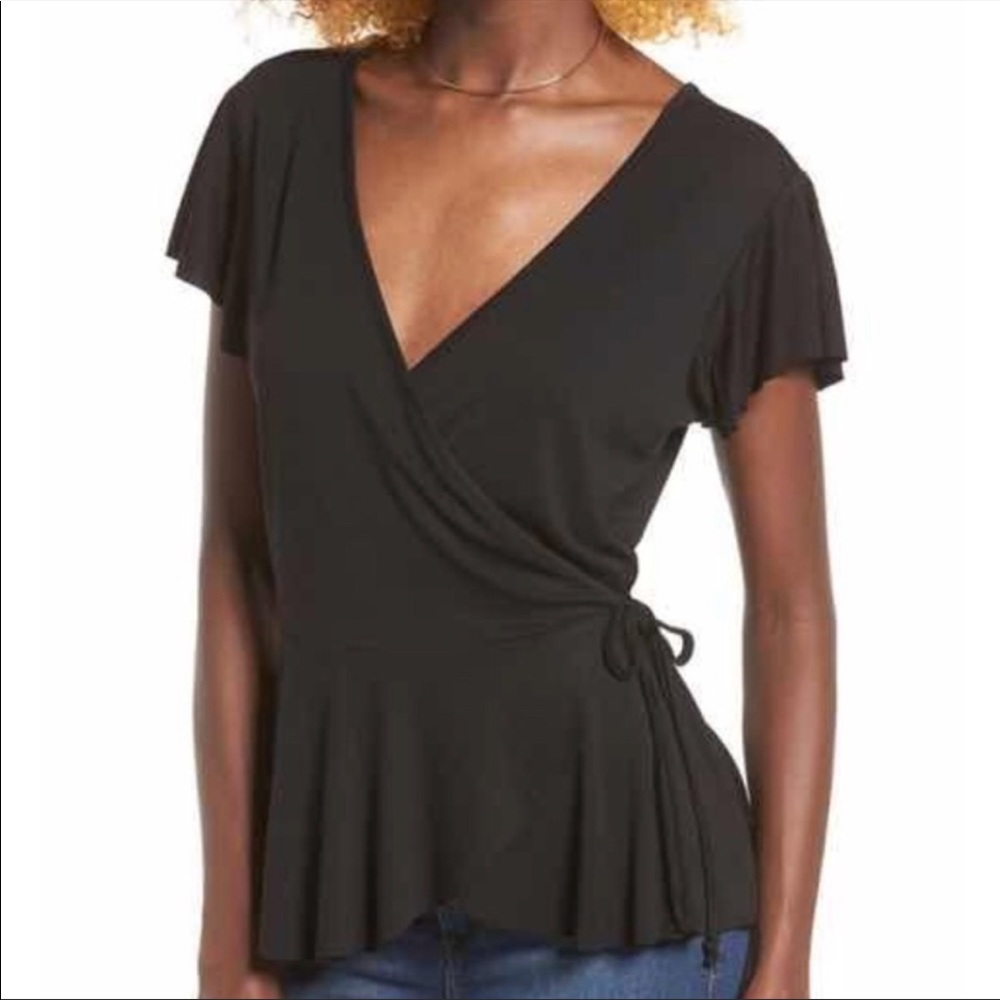 Leith Black Ruffle Faux Wrap Short Sleeve top